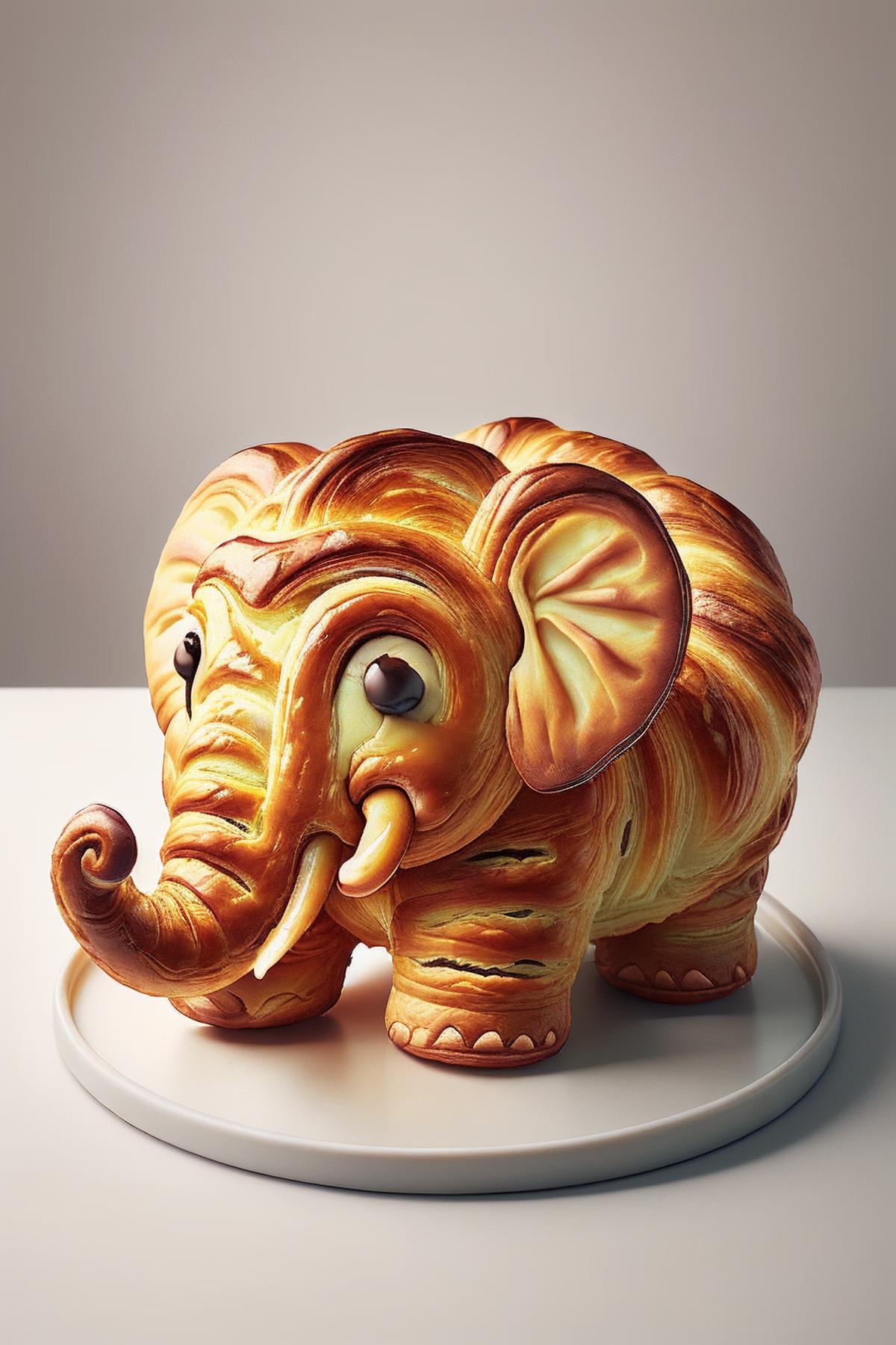 A large, baked elephant with a tray on its back.