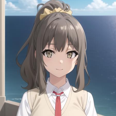 ((masterpiece)),(best quality),official art,extremely detailed CG,unity 8k wallpaper,ultra detailed,A lighthouse on a cliff by the sea,1girl,solo,upper body,(portrait:1.2),school_uniform,brown_hair,long_hair,scrunchie,looking_at_viewer,smile,pleated_skirt,hair_scrunchie,brown_eyes,white_shirt,hair_ornament,sweater_vest,red_necktie,high_ponytail,breasts,yellow_scrunchie,short_sleeves,white_socks,<lora:Futaba Rio(sby)>,