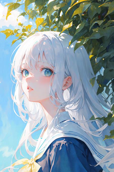 masterpiece, best quality, illustration, watercolor, flat color, blue sky, 1girl, close-up, straight-on, looking at viewer, detailed medium white hair, green eyes, serafuku, parted lips