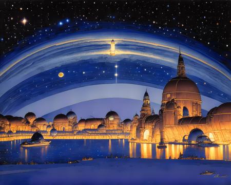 A painting of a vintage intricate ((Leonardo da Vinci Space Station)) against a blue starry night, by WASMoebius