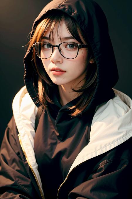 1girl with glasses, portrait of man, upper body, front, chest, looking_at viewer, black_hoodie, hood, simple_background, dark_background,
  <lora:WeeBNK48-02:1>