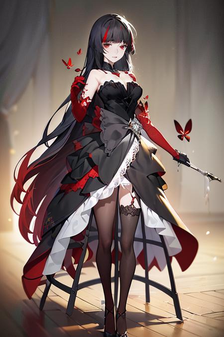 1girl,long hair,(on back:1.5),solo,red eyes,black hair,multicolored hair,gloves,red hair,(thighhighs:1.3),elbow gloves,red gloves,full body,very long hair,bug,looking at viewer,black thighhighs,butterfly,bangs,streaked hair,two-tone hair,strapless_dress,(long_skirt:1.3),