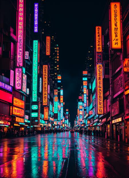 neo tokyo, streets with neon signs, cyberpunk setting, rainy night, masterpiece, best quality, highly detailed background, perfect lighting, best quality, 4k, 8k, ultra highres, raw photo in hdr, sharp focus, intricate texture, best quality, 4k, 8k, ultra highres,  sharp focus, intricate texture