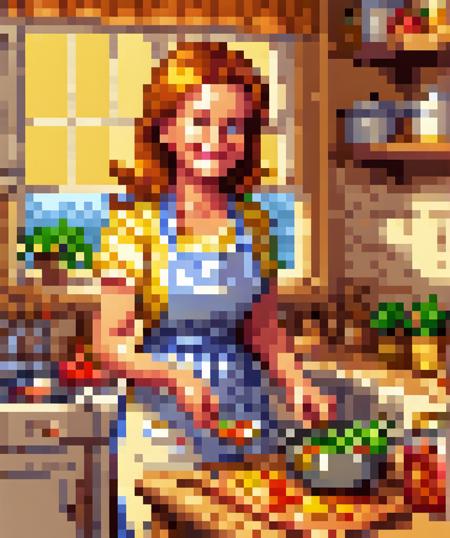 , <lora:PixelArtRedmond-Lite64:1> Pixel Art, PixArFK,      A highly detailed mother in her kitchen preparing meal, window sunny day, happy, smiling,
