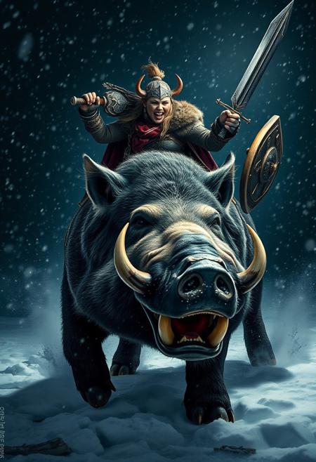 Portriat of A menacing large ferocious polar boar with battle scars, growling and snarling, lunges forward under the cover of a nocturnal snow storm, snowy ground and snow powder, illuminated by a striking Rembrandt-style spotlight. An enraged female goblin warrior, riding the beast, clutches a sword triumphantly in one hand and a shield in her other hand, her intense eyes ablaze with victory. Their dynamic pose against the backdrop of an ultra-high-contrast HDR night sky, creates an epic, moody tableau immortalizing the clash of power and determination.