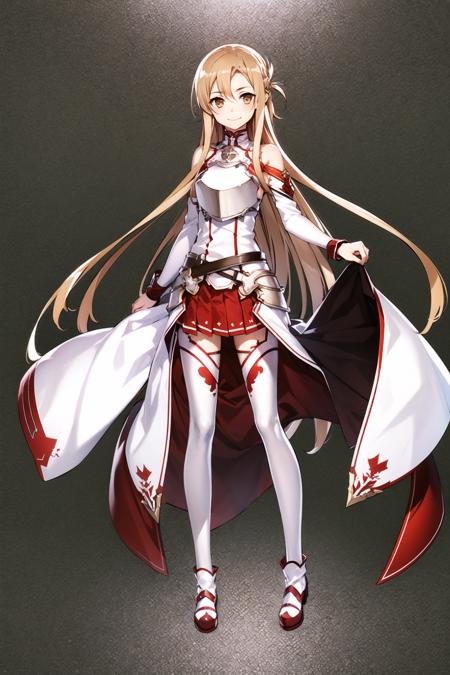 1girl, asuna (sao), long hair, skirt, thighhighs, pleated skirt, brown eyes, brown hair, white background, very long hair, miniskirt,standing, breastplate, detached sleeves, white sleeves, full body, armor, looking at viewer, zettai ryouiki, simple background, smile, braid,bare shoulders, closed mouth, white armor,  long sleeves, fantasy,  belt, white thighhighs, bangs, red skirt, sleeveless,  white footwear, shiny hair, hair between eyes, breasts,<lora:abec:0.8>