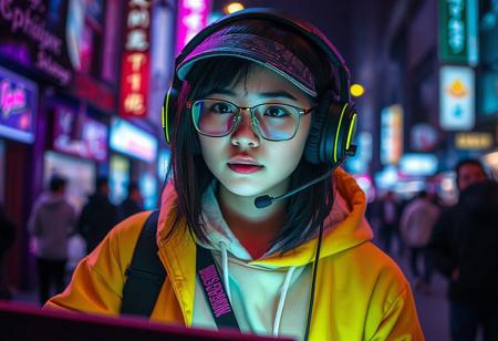 Half Asian female hacker. Aged 28. Cyberpunk clothing. Hi tech headset. Hoodie. Neon city at nite