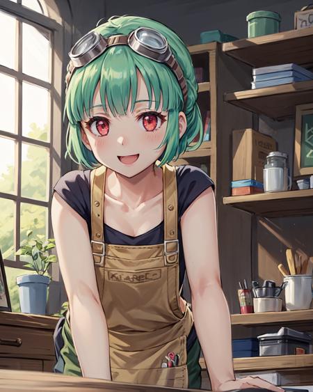 best quality, (masterpiece:1.2), illustration, absurdres,
(1girl, solo), (beautiful detailed girl),
<lora:Mint-06:0.7>, Mint, green hair, red eyes, small breasts, thin, petite, goggles on forehead, goggles on hair,black vest, (brown apron:1.2), blue sneakers, green pants,(engineer, mechanic:1.1),tool belt, tool apron,,
inside trendy cafe, window, day, godrays, sunlight, buildings,,
looking at viewer, happy, (upper body, portrait),, (bent over:1.1)