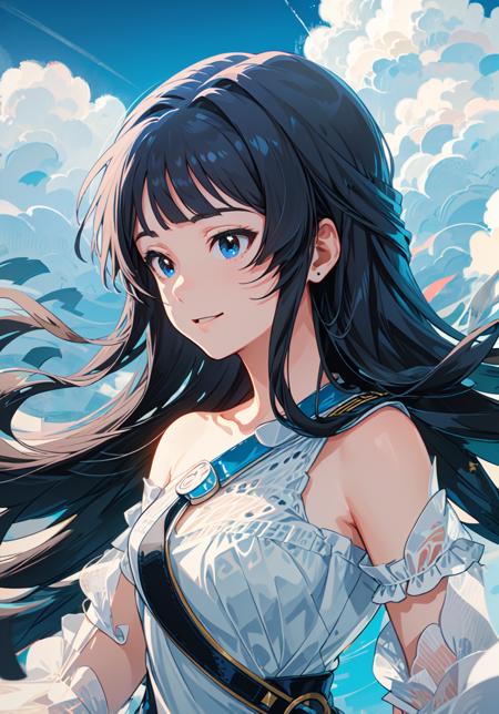 shizuka mogami (million live),
(best quality, 8K, masterpiece, ultra detailed:1.2), detailed gabkround,
1girl,solo,collarbone,black hair, long hair, blue eyes, blunt bangs, sidelocks, hime cut, blunt ends,
movie still, floating in the sky, cloud girl, cloud, (close-up:1.1), bright, happy, fun, soft lighting, (Bauhaus, shapes, lines, abstract:1.1)
white one-piece dress, see-through, upper body, straight-on,