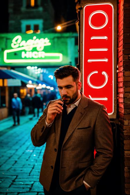 (masterpiece, best quality, high resolution:1.2), 
HDR, shot on Canon 5D Mark II, depth of field, intricate details, 
portrait of a man smoking a cigarette on a dark street, with neon signboards overhead, <lora:ZH_ShotByElsaBleda_v1:0.8>, zh_shot_by_elsa_bleda, realistic, scenery, dark