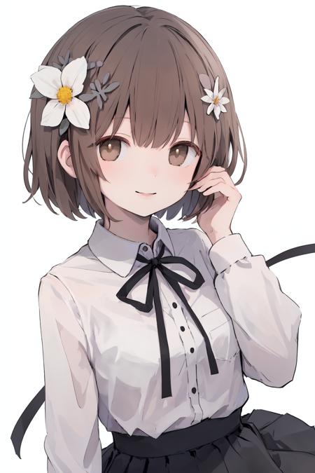 1girl, solo, ribbon, flower, hair flower, shirt, white background, hair ornament, neck ribbon, black ribbon, skirt, black skirt, smile, short hair, looking at viewer, upper body, simple background, brown hair, grey shirt, long sleeves, white flower, bangs, collared shirt, ia-style