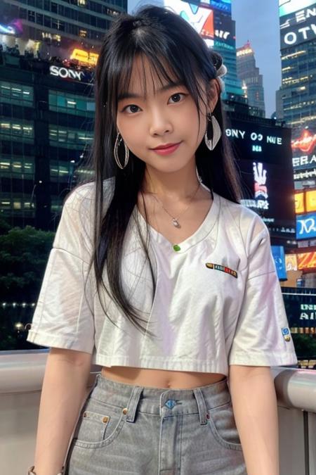 1girl, Chinese, wearing white crop top, grey jeans, earrings, with a background of Times Square. upper body, 8k, HDR, photorealistic, realistic, Sony ZV 1, slim legs, looking at viewer,