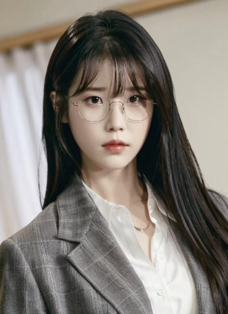 best quality, RAW photo, IU, Lee Ji Eun, 1girl, solo, long hair, looking at viewer, black hair,  closed mouth, jacket, upper body,  indoors,( glasses:1.1), black eyes, lips, <lora:iu_v5:0.7>