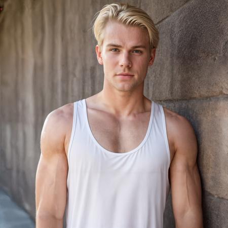 portrait of a blonde man,(sweaty white tank top),high quality,lying the wall,(skin fuzz:0.5),(high detailed skin:1.2),(sweaty:1.1),dramatic lighting,amazing level of detail, masterpiece