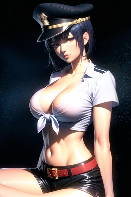 <lora:DOA5LR Ayane Police Costume :1>, DOA, Ayane, close up, (black police peaked cap:1.2), Police, cleavage, Midriffs, white shirt, front-tie top, (red eyes:1.2), short blue hair, Black High-waist shorts, (red belt:1.2), black fingerless gloves, black boots, (masterpiece:1.4), photorealistic, best quality, beautiful lighting, real life, natural makeup, ultra detailed face, ultra detailed eyes, intricate, high detail, sharp focus, dramatic, beautiful girl, (RAW photo, 8k uhd, film grain), caustics, subsurface scattering, reflections