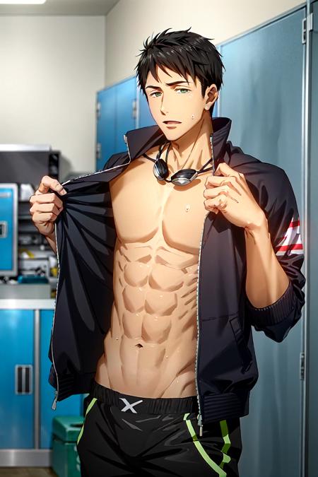 yamazaki sosuke\(free!\), solo, 1boy, looking at viewer, black hair, green eyes, black pants, male focus, sweat, black jacket, open clothes, open jacket, abs, topless male, goggles around neck, indoor, locker room