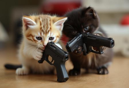 Kittens playing with handguns