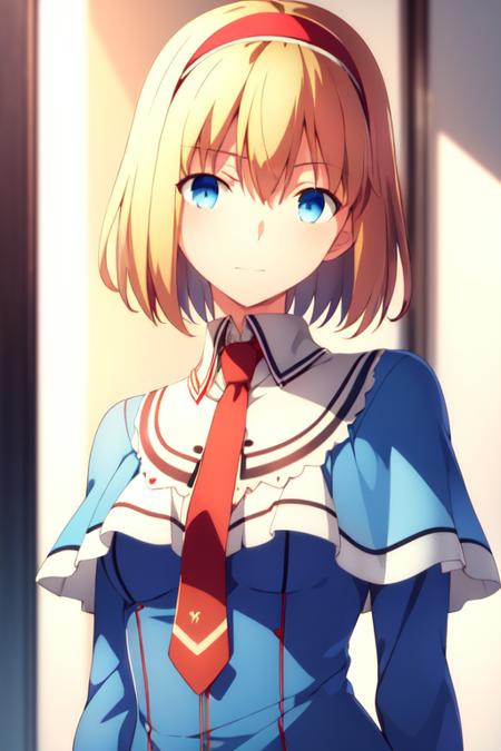 best quality, 1girl, alice margatroid, solo, looking at viewer, blonde hair, short hair, blue eyes, hair between eyes, red hairband, blue dress, capelet, frilled dress, long sleeves, closed mouth, bangs, white capelet, necktie, red necktie, ufotable screen cap
<lora:ufotable_lora_v2:1.1>