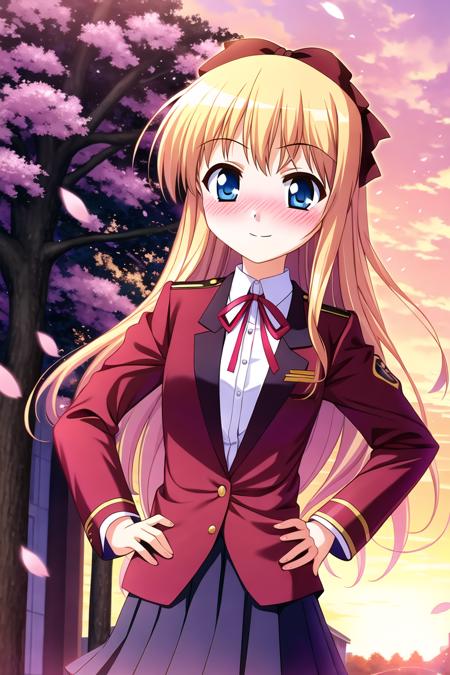 highres, high quality, 1girl, toshinou kyouko, nose blush, smile, shuuchikan academy school uniform, pleated skirt, outdoors, tree, falling petals, cherry blossoms, hand on hip, evening