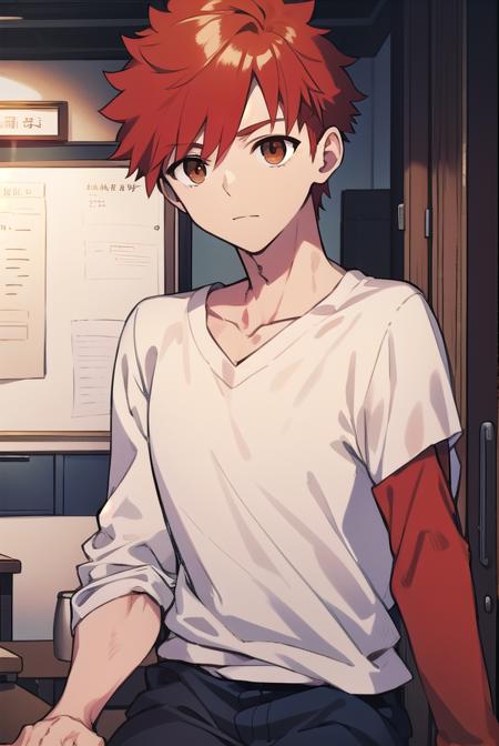 shirouemiya, <lyco:shirouemiya-LYCORIStest:1>, 
shirou emiya, 1boy, (red hair:1.5), spiked hair, (brown eyes:1.5), mature male,
BREAK blue pants, collarbone, pants, shirt, long sleeves, white shirt, raglan sleeves,
BREAK looking at viewer,
BREAK indoors, classroom,
BREAK <lora:GoodHands-vanilla:1>, (masterpiece:1.2), best quality, high resolution, unity 8k wallpaper, (illustration:0.8), (beautiful detailed eyes:1.6), extremely detailed face, perfect lighting, extremely detailed CG, (perfect hands, perfect anatomy),