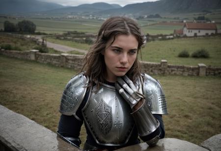 Cinematic photograph of a 18 year old wet pear shaped peasant woman in a small old village sitting on a stone fence while it's raining, she is looking furious and angry, eyeliner, freckles on her body ,clouds in the horizon, she is wearing a medieval (metal knight plate armor and gloves:1.5), it's raining heavily, wet moving hair, black bangs hair, shallow depth of field, vignette, highly detailed, high budget Hollywood movie, bokeh, cinemascope, moody, mist, epic, gorgeous, film grain, grainy, front, (Style-DA:1.3) dramatic pov,  <lora:Cooltones:0.2>