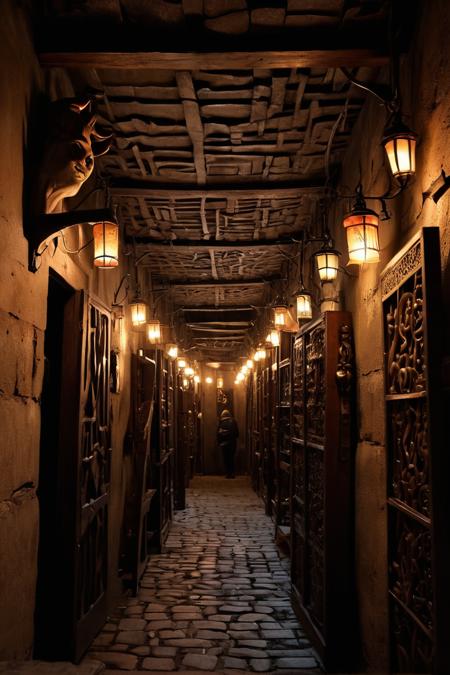 Imagine a shadowy, underground chamber filled with a maze of stalls and pathways. The market is dimly lit by flickering torches and candles, casting long shadows on the stone walls. The air is thick with an eerie, unnatural glow that seems to emanate from some of the objects on display.
Each stall is cluttered with a variety of strange and mystical items: enchanted artifacts that glimmer with magical energy, bottles of potions in vibrant colors, and cursed objects that emit a sinister aura. There are also cages containing rare and dangerous creatures, their eyes glowing in the darkness.
The vendors are an eclectic mix of supernatural beings. Some have grotesque features like horns, scales, or glowing eyes, while others are cloaked in shadow, their faces obscured. They stand behind their stalls, watching visitors with shrewd, calculating gazes.
The market is crowded with a diverse array of beingsâdemons, dark witches, and sorcerersâmoving cautiously through the aisles. Many wear cloaks or masks to conceal their identities, adding to the air of mystery and intrigue. The atmosphere is tense, with an undercurrent of danger and suspicion.
Overhead, strange symbols and runes are carved into the stone ceiling, glowing faintly. The pathways are lined with cobblestones, worn smooth by the passage of countless visitors over the ages. The entire scene is a chaotic yet organized array of dark and forbidden wonders. <lora:extremely_detailed:1>