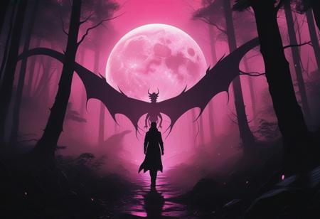 In a cyberpunk-inspired realm, Theme: Futuristic, cyberpunk-inspired tarot deck
The Moon: A figure, walking through a dark, foggy forest, is haunted by ghostly apparitions.
The background is the silhouette of a dragon emerges from the darkness, its form composed of the same vibrant energy. The entire scene is bathed in a contrast of deep blacks and brilliant pinks, creating a dynamic and visually striking composition. Particles of light scatter through the air, adding to the mystical atmosphere. This digital illustration blends elements of anime artistry with futuristic aesthetics, resulting in a captivating image that radiates energy and intensity.