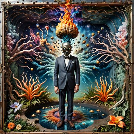 René Magritte and M C Escher illustration of a dapper cyborg in a suit, emerging from an embryonic nebula colorful iridescent liquid, organic steampunk television set, a rising creature bathes in cosmic flame, plants floating against a blue sky background, cyberpunk psychedelia, decorated by mushroom and floral Graffiti Art Nouveau flourishes <lora:artfully4QUAD_SDXL_V1:1>  <lora:Surreal_World:1>