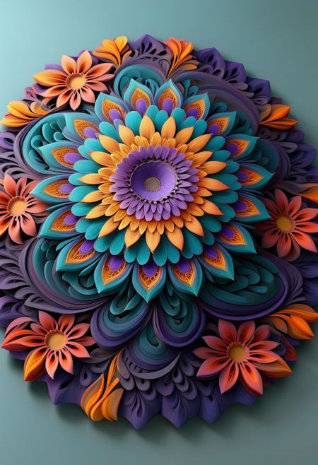 Mandala style 3d mandala pattern Coloring page Paper art Low/medium/highly stylized pattern Colored/greyscale