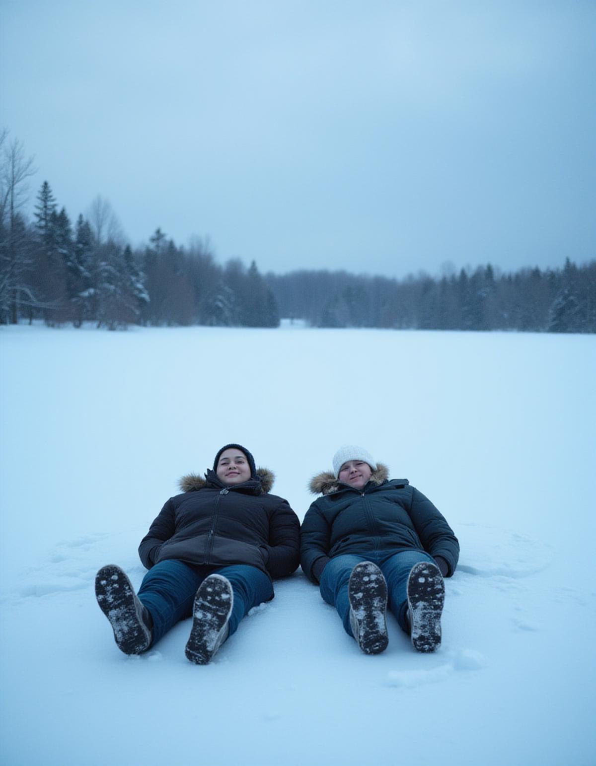 A tranquil winter scene featuring two individuals lying on their backs on a frozen lake, bundled up against the cold, one pair of boots visible, relaxed posture, serene surroundings, soft, diffused lighting, blue hue sky, centered composition, blurred background, highlighting the subjects and their interaction, capturing a quiet moment shared by two people in a winter wonderland,