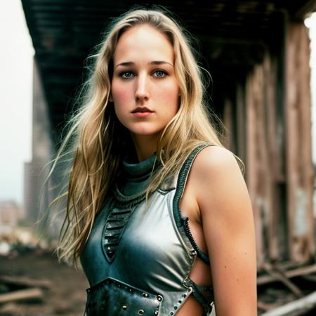 RAW photo, a close up portrait photo of leelee sobieski in wastelander clothes, long haircut, pale skin, slim body, background is city ruins, (high detailed skin:1.2), 8k uhd, dslr, soft lighting, high quality, film grain, Fujifilm XT3 <lora:leelee sobieski v1.0:0.7>