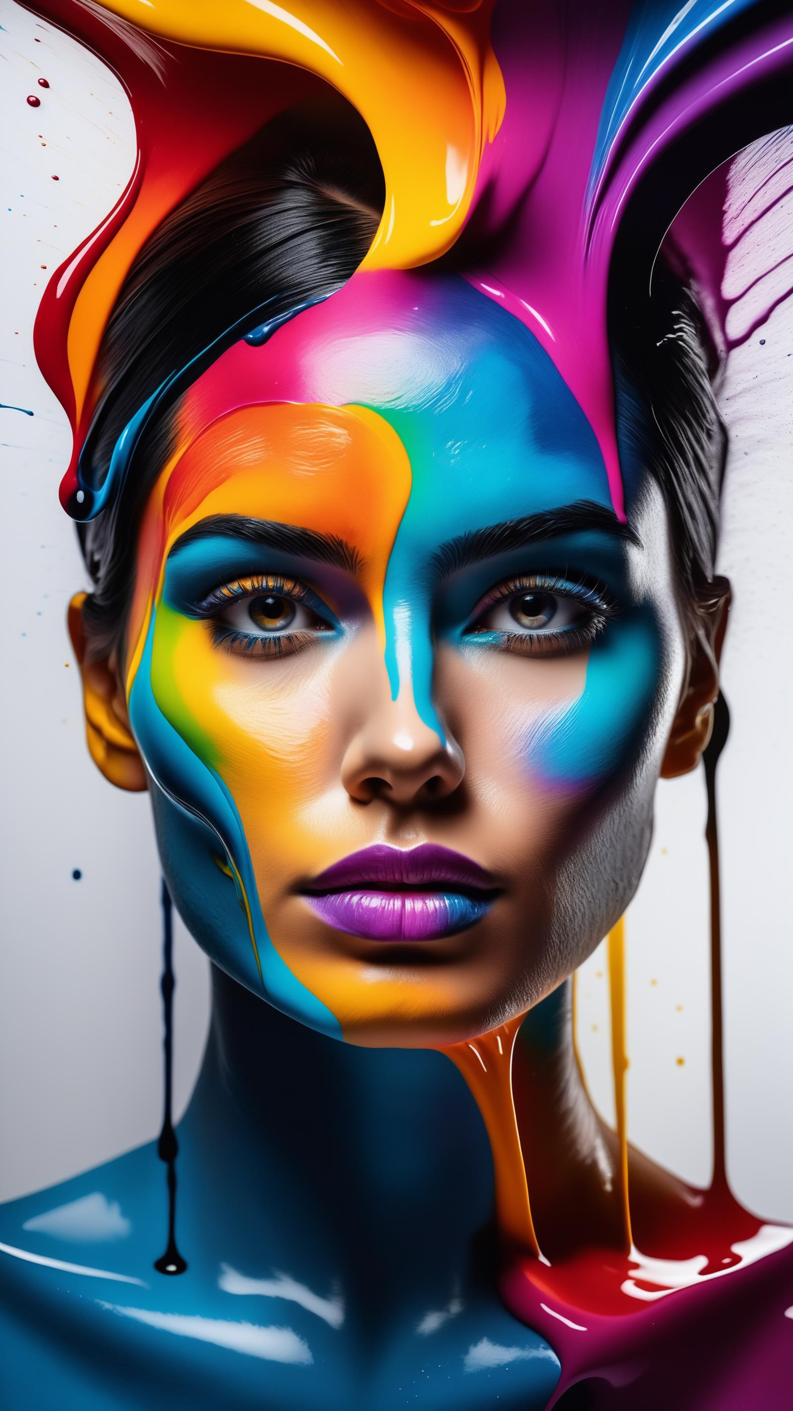 A vibrant, artistic portrait of a woman with colorful paint splatters on her face.