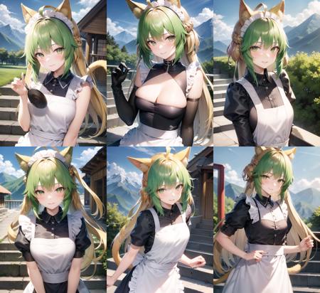 <lyco:atalanta2-000007:1.0>, atalantarnd, standing, upper body, smile, blush, outdoors, day, simple background, blue sky, sky, temple, looking at viewer, stairs, mountain, moody lighting, facing viewer, maid, maid outfit, apron, white headdress,