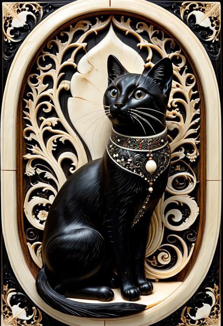 a cat sculpture made of ebony and ivory, intricate scrimshaw style, highly detailed, black and white contrast, ornate engraving patterns, carved wood and bone texture, surreal and elegant design, symmetrical composition, photorealistic lighting, fantasy atmosphere, sdxl style,