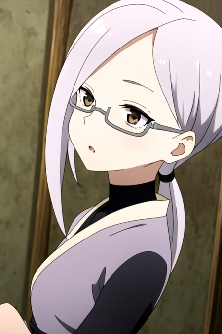 masterpiece, best quality, <lora:kunoichisumire:1>, 1girl, solo,  brown eyes, ponytail, grey hair, glasses,  long hair,