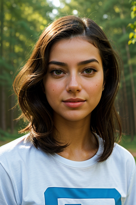 FarahJefry, portrait photo, (detailed eyes:1.1), (long wavy hair) BREAK, wearing a (1980s white t-shirt with orange stripes:1.1), posing for a picture BREAK with a stranger things background, moody light, (masterpiece), ((forest)), (detailed face:1.2)