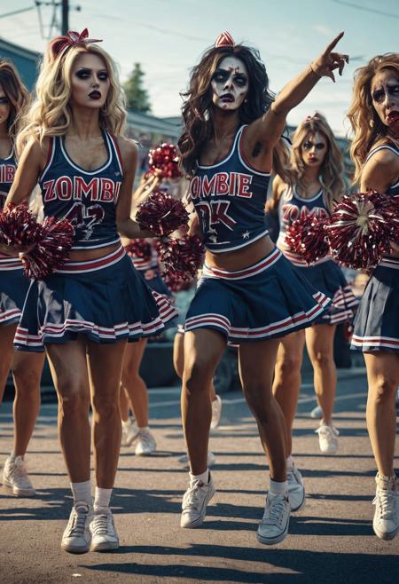 Zombie-Cheerleaders are performing, 
trending on artstation, 
sharp focus, 
studio photo, 
intricate details, 
highly detailed, 
by greg rutkowski