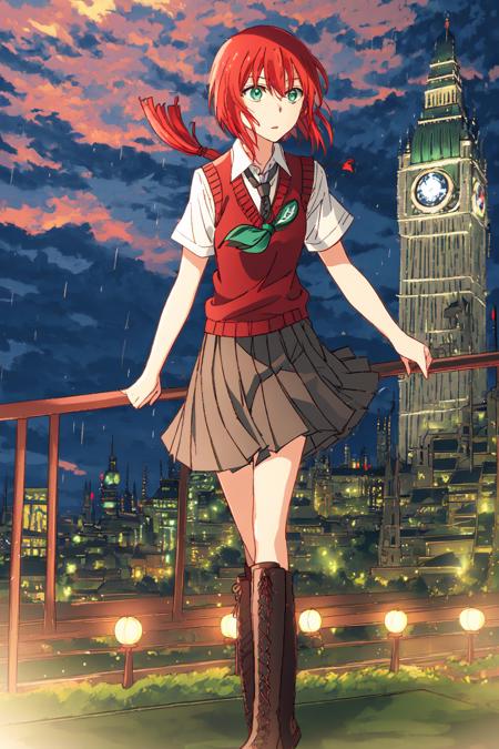 <lora:HatoriChise-000002:0.9> hatorichise, 1girl, casual_outfit, black_skirt, boots, cross-laced_footwear, full_body, green_eyes, lace-up_boots, necktie, pleated_skirt, red_hair, school_uniform, shirt, short_hair, short_sleeves, sweater_vest, white_shirt, short red hair, full body, grey skirt, standing on path, rural area, kyscraper, city, cityscape, building, city lights, scenery, night, skyline, architecture, bridge, sky, lantern, east asian architecture, star (sky), night sky, snowing, pagoda, starry sky, tower, outdoors, rooftop, rain, 1other, cloudy sky, cloud, railing,,solo, long legs, tall, holding staff, holding,