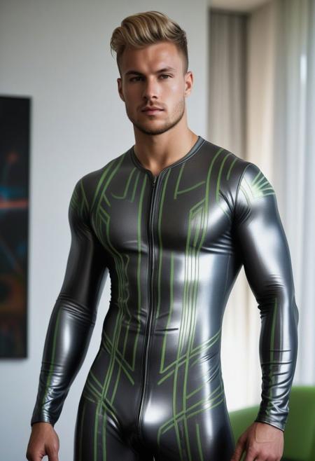 a strong 24-year-old german hunk bodybuilder male, with a fringe up hairstyle, detailed face, mindless expression,  wearing a skin tight dark-gray rubber catsuit with silver and olivre-green electronics circuits patterns, wearing a latex jockstrap, on a modern living room, standing at attention pose, full body visible, looking at viewer, portrait, photography, detailed skin, detailed rubber texture, realistic, photo-realistic, 8k, highly detailed, full length frame, High detail RAW color art, diffused soft lighting, shallow depth of field, sharp focus, hyperrealism, cinematic lighting