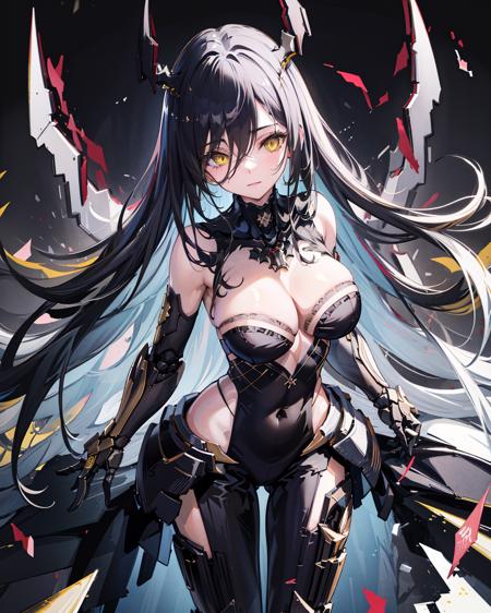 headfriedrichwedding, 1girl, large breasts, <lora:FriedrichWeddingV1[friedrichwedding]:0.9>, yellow eyes, 
 <lora:A-Mecha-REN[color_theme,mecha musume, mechanical parts, robot joints,headgear,full armor]:0.7>,black_theme,mecha musume, mechanical parts, robot joints,headgear,full armor