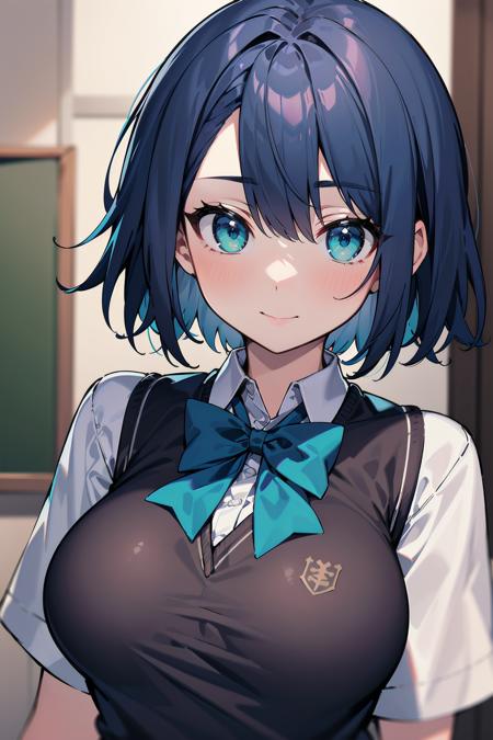 masterpiece, best quality, elegant, beautiful face, beautiful eyes, digital photography,
short hair, blue hair, green eyes, school uniform, sweater vest, large breasts, blue bowtie,
depth of field, looking at viewer,