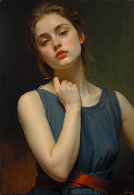 Classical oil painting,  a black and white portrait of a young woman. She is wearing a sleeveless dress with a high neckline and a belt around her waist. Her hair is styled in loose waves and falls over her shoulders. She has a serious expression on her face and her hand is resting on her chin, as if she is deep in thought. The background is completely black, making the woman the focal point of the image.Caravaggio Vermeer Blake Sargent Turner Lautrec Degas Monet Manet Cassat Morisot Münter Kollwitz Malfatti Werefkin chiaroscuro Schjerfbeck, bold colours deep shadows, red blue green yellow brown black, dark thick inky shadows, reflected light subsurface scattering