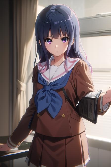 mizoreyorizuka, <lora:mizore yoroizuka s2-lora-nochekaiser:1>,
mizore yorizuka, yoroizuka mizore, long hair, bangs, blue hair, (pink eyes:1.3),
BREAK skirt, shirt, long sleeves, school uniform, pleated skirt, serafuku, neckerchief, (brown skirt:1.2), white sailor collar, (brown shirt:1.2), kitauji high school uniform, (blue neckerchief:1.5),
BREAK indoors, classroom,
BREAK looking at viewer, (cowboy shot:1.5),
BREAK <lyco:GoodHands-beta2:1>, (masterpiece:1.2), best quality, high resolution, unity 8k wallpaper, (illustration:0.8), (beautiful detailed eyes:1.6), extremely detailed face, perfect lighting, extremely detailed CG, (perfect hands, perfect anatomy),