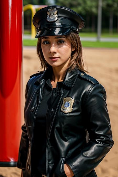 <lora:Louise_Nurding_nee_Redknapp:1> l1873n, 1girl, solo, masterpiece, best quality, detailed face, policewoman costume,  playground