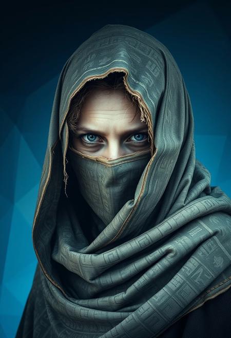 an ancient, cloaked female figure with piercing eyes, face covered in dust and dirt, their face wrapped in fabric adorned with extremely intricate hieroglyphs, set against an abstract, polygonal blue gradient background. The cloth appears worn and frayed, with strands of cobwebs catching the light, evoking a sense of age and decay. The background’s geometric facets shift from light to dark blue, creating a sense of depth that feels cold and detached, as if the figure exists within a frozen, digital void. Every wrinkle, stitch, and symbol on the fabric is detailed, revealing a story etched into the cloth. The icy blues of the background offer a stark contrast, amplifying the figure’s ancient aura. This composition weaves together themes of antiquity and futurism, drawing the viewer into a world where the past is preserved within a crystalline digital space.