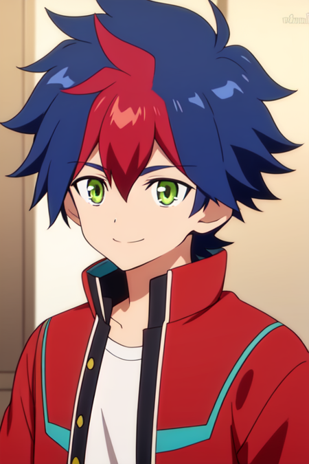 light tenryuu,1boy,solo,male focus,blue hair,red hair,green eyes,beatiful eyes,smile,red jacket,upper body,