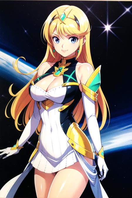 takada akemi,

mythra \(xenoblade\), 1girl, armor, bangs, bare shoulders, blonde hair, breasts, cleavage, closed mouth, dress, earrings, elbow gloves, eyelashes, floating hair, gem, gloves, hair ornament, hairband, headpiece, jewelry, large breasts, leaning back, long hair, neon trim, official art, pose, saitou masatsugu, sidelocks, skin tight, smile, solo, standing, swept bangs, tiara, space background, very long hair, white dress, xenoblade chronicles \(series\), (xenoblade chronicles 2),

1980s \(style\), painting \(medium\), retro artstyle, watercolor \(medium\),

<lora:takada_akemi_offset:0.85>  <lora:mythra_pyra_pneuma:0.5>