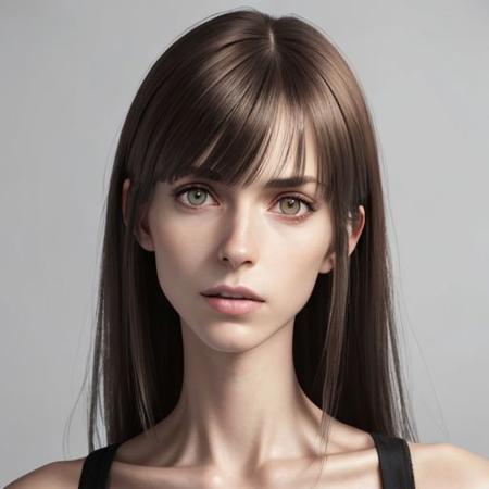 ASCIIHyper realism, hyper realistic, fine detail, pro render,  (side Portrait), down, pose angle:
? kaytest2 ? Female, German, adult, tall, skinny, petite. Head, oblong. Face, oblong. Nose, small, dainty. (Hair, long, (bangs), layered.) Ears, small, flat, square. Eyes , deep set. Mouth, wide, overbite.