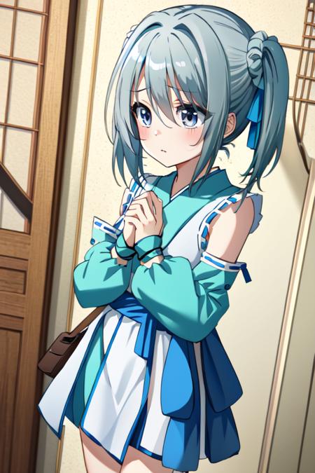 masterpiece, best quality, ultra-detailed, <lyco:sagara_youchien-000140:0.7>, takenaka hanbei, 1girl, solo,fingerless gloves, hair ribbon, long hair, twintails, detached sleeves, japanese clothes, obi, shoulder bag, own hands together, indoors