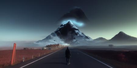 <lora:15ParralelDimensions:1>parallel dimension: a man standing in the middle of a road with a mountain in the background